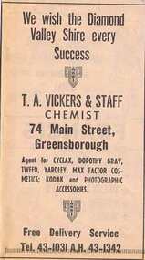 Advertisement - Digital image, Diamond Valley News, T.A.Vickers & Staff, Chemist, 1964, 29/09/1964