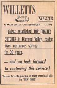 Advertisement - Digital image, Diamond Valley News, Willett's butcher, 1964, 29/09/1964