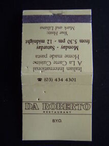 Match Container - Digital Image, Da Roberto Restaurant matchbook, 1980s, 1980s