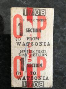 Ticket - Digital Image, VicRail, Train ticket: Watsonia, Off-peak, one section, 1970s, 1970s