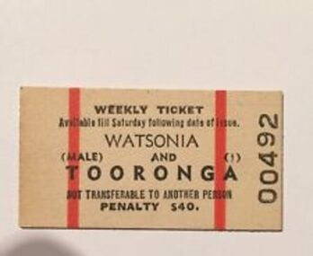 Ticket - Digital Image, VicRail, Train ticket: Watsonia to Tooronga, weekly, 1970s