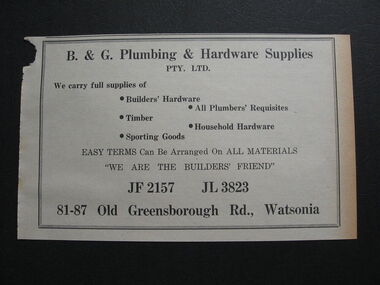 Advertisement - Digital image, B and G Plumbing and Hardware Supplies, 1960s