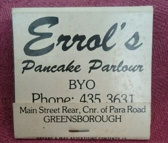 Match Container - Digital Image, Errol's Pancake Parlour, 1980s