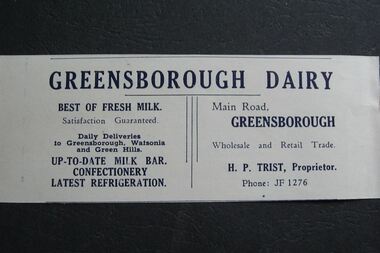 Advertisement - Digital image, Greensborough Dairy, 1957c