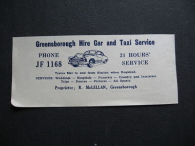 Advertisement - Digital image, Greensborough Hire Car and Taxi Service, 1970s