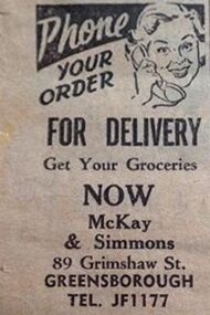Advertisement - Digital image, McKay and Simmons Groceries, 1970s
