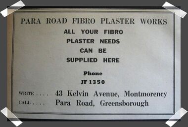 Advertisement - Digital image, Para Road Fibro Plaster Works, 1970s