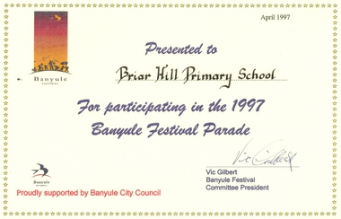 Certificate - Digital Image, Banyule Festival Parade Award 1997, Briar Hill Primary School BH4341, 1997_04
