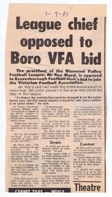 Newspaper Clipping - Digital Image, Diamond Valley News, League chief opposed to Boro VF bid, 01/09/1981
