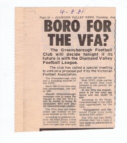 Newspaper Clipping - Digital Image, Diamond Valley News, Boro for the VFA?, 04/08/1981