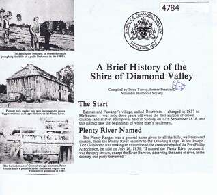 Article, Irene Turvey, A Brief history of the Shire of Diamond Valley, compiled by Irene Turvey, 1835o