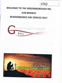 Booklet, Greensborough RSL Sub-branch Remembrance Day Service 2017, 11/11/2017