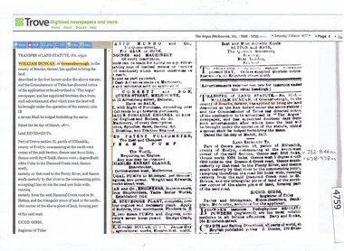 Advertisement - Digital image, Transfer of Land (William Duncan), 03/03/1877