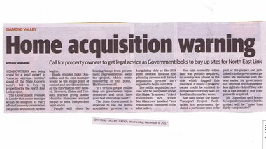 Newspaper Clipping, Diamond Valley Leader, Home acquisition warning, 06/12/2017