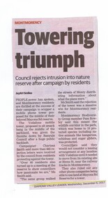 Newspaper Clipping, Diamond Valley Leader, Phone Tower Failure - A Towering triumph, 06/12/2017