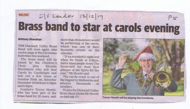 Newspaper Clipping, Diamond Valley Leader, Brass band to star at carols evening, 13/12/2017