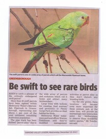 Newspaper Clipping, Diamond Valley Leader, Be swift to see rare birds, 13/12/2017