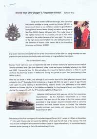 Article, Rosie Bray et al, World War One digger's forgotten medal, by John Cahir, interviewed by Rosie Bray, 18/10/2017
