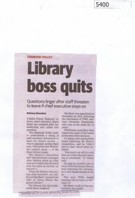Newspaper Clipping, Diamond Valley Leader, Library boss quits, 10/01/2018
