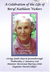 Pamphlet, A Celebration of the life of Beryl Kathleen Vickers, 17/01/2018