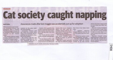 Newspaper Clipping, Diamond Valley Leader, Cat Society caught napping, 07/02/2018