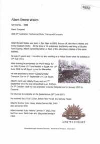 Article, Greensborough Historical Society et al, Albert Ernest Wailes, 1914-1918