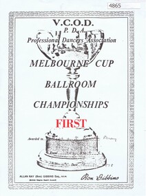 Certificate, V. C. O. D. Professional Dancers Association, Melbourne Cup Ballroom Championships 1978, 02/11/1978