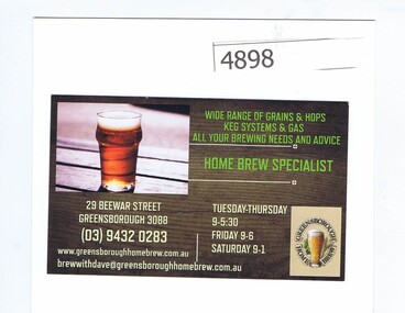Business card, Home Brew Specialist - 29 Beewar Street, 2016c