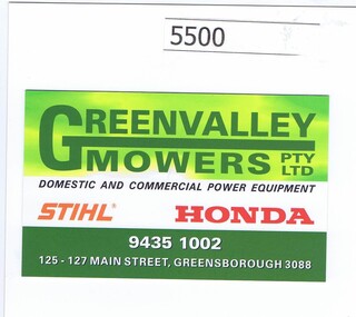 Business card, Greenvalley Mowers, Greenvalley Mowers Pty Ltd, 2015c