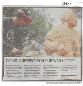 Newspaper Clipping, Diamond Valley Leader, Carving respect for our War Heroes, 21/03/2018