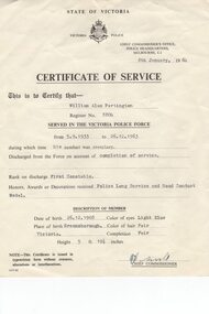 Certificate - Digital Image, Alan Partington. Police Certificate of Service, 08/01/1964