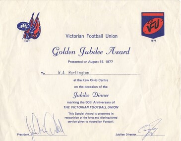 Certificate - Digital Image, Alan Partington. Victorian Football Union. Golden Jubilee Award, 15/08/1977