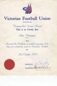 Certificate - Digital Image, Alan Partington. Victorian Football Union. Distinguished Service Award, 21/10/1976