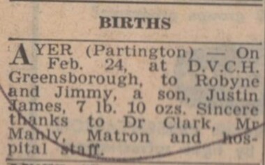 Advertisement - Digital image, Diamond Valley News, Birth notice, Ayer-Partington 1970, 03/03/1970