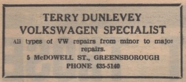 Advertisement - Digital image, Diamond Valley News, Terry Dunlevey, VW Specialist, 1973, 21/08/1973