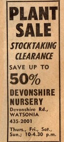 Advertisement - Digital image, Diamond Valley News, Devonshire Nursery, 1973, 21/08/1973