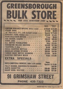 Advertisement - Digital image, Diamond Valley News, Greensborough Bulk Store, 1973, 21/08/1973