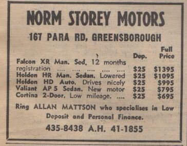 Advertisement - Digital image, Diamond Valley News, Norm Storey, Montmorency, 1973, 21/08/1973