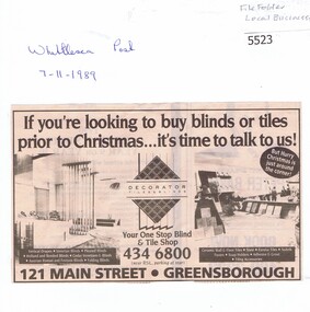 Advertisement, Whittlesea Post, Decorator Tiles and Blinds, Greensborough, 07/11/1989