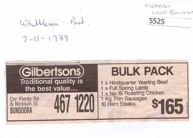 Advertisement, Whittlesea Post, Gilbertsons [butchers], Bundoora, 07/11/1989