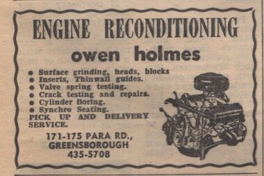 Advertisement - Digital image, Diamond Valley News, Owen Holmes - Engine Reconditioning, Greensborough, 1973, 21/08/1973