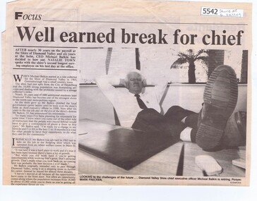 Newspaper Clipping, Natalie Town, Well earned break for Shire of Diamond Valley Chief Michael Balkin [by Natalie Town], 30/11/1994