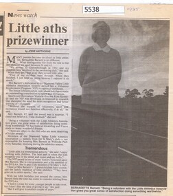 Newspaper Clipping, Jodie Haythorne et al, Little aths prizewinner, by Jodie Haythorne; with Bernadette Barnett, by Rosie Bray, 1985_