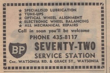 Advertisement - Digital image, Diamond Valley News, BP Seventy-two Service Station, Watsonia, 1973, 21/08/1973