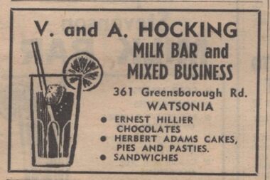 Advertisement - Digital image, Diamond Valley News, V & A Hocking Milk Bar, Watsonia, 1973, 21/08/1973