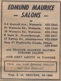 Advertisement - Digital image, Diamond Valley News, Edmund Maurice Salons, Watsonia, 1973, 21/08/1973