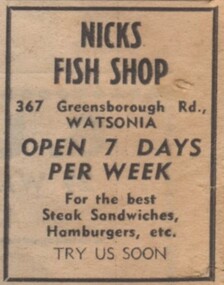 Advertisement - Digital image, Diamond Valley News, Nick's Fish Shop, Watsonia, 1973, 21/08/1973