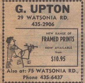 Advertisement - Digital image, Diamond Valley News, G. Upton (framed prints), Watsonia, 1973, 21/08/1973