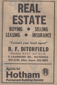 Advertisement - Digital image, Diamond Valley News, Ditchfield Real Estate, Watsonia, 1973, 21/08/1973