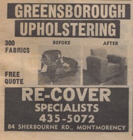 Advertisement - Digital Image, Greensborough Upholstery, Montmorency, 1973, 21/08/1973